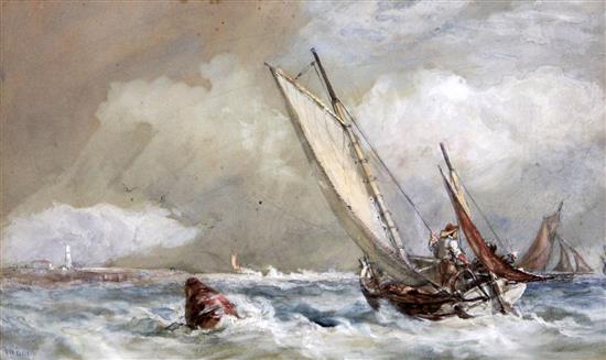 Sir Oswald Walters Brierly (1817-1894) Fishing boats at sea and off the coast, 5.25 x 8.5in.